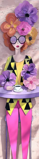 Free colorful bookmark featuring a lady standing with coffee